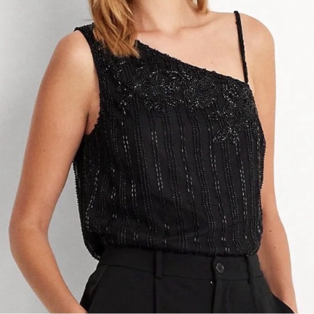 NWT Ralph Lauren Beaded Mesh One Shoulder Camisole Top Floral Glam Party Black S